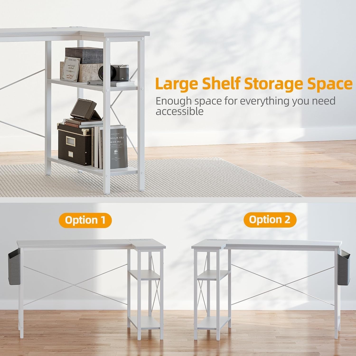 White L-Shaped Computer Desk 140x70cm with USB Power Outlets & Shelves