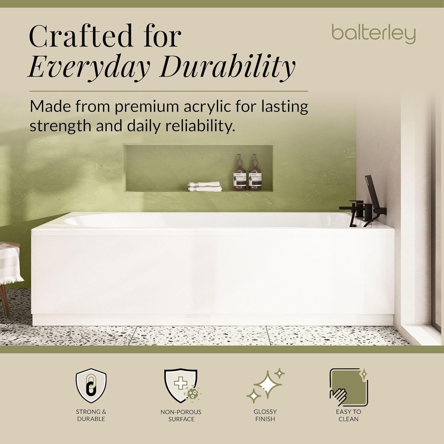 1500x700mm Single Ended Round Shower Bath Gloss White Acrylic Soaking Tub
