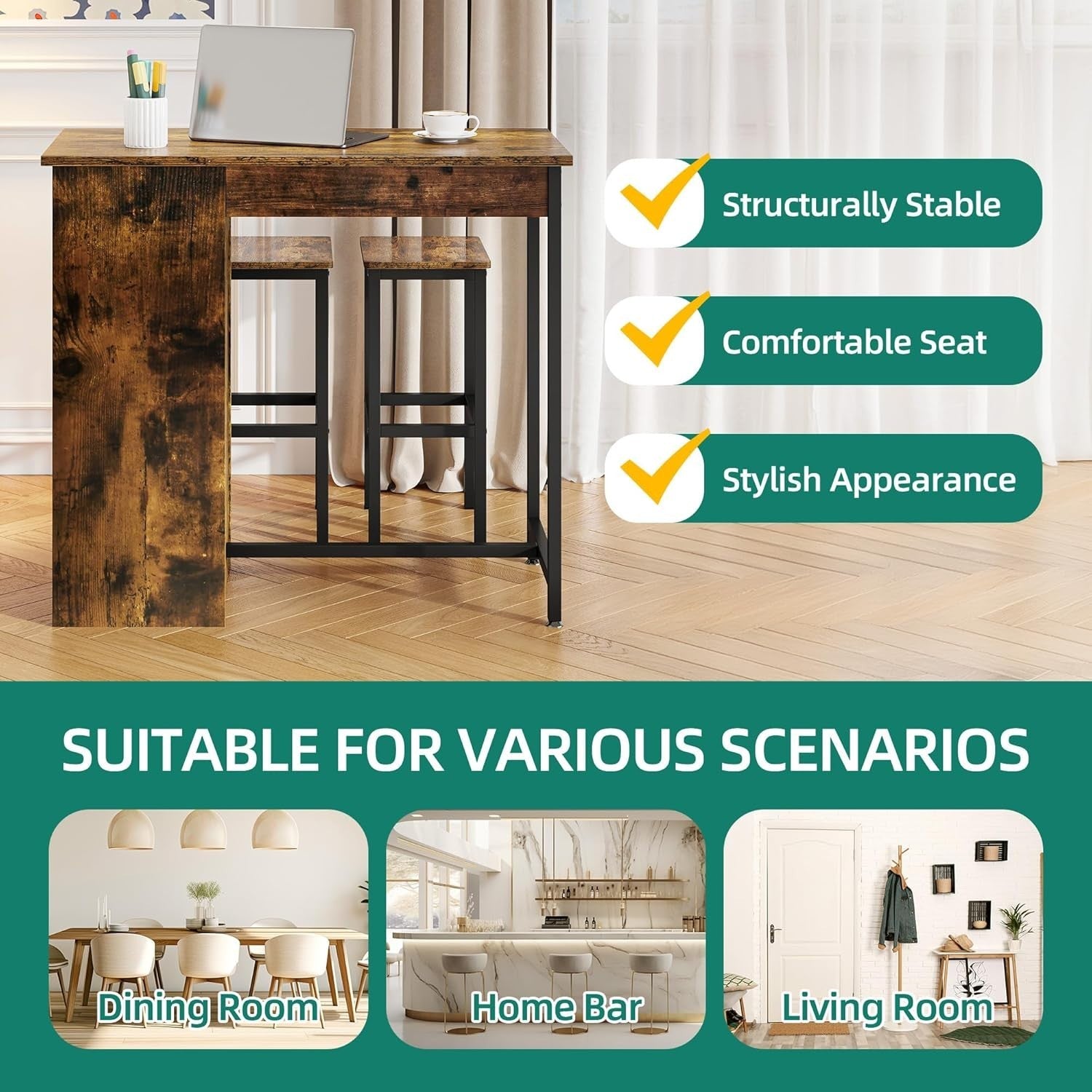 Rustic Brown Bar Table Set with Storage Shelves & 2 Stools Space Saving Home