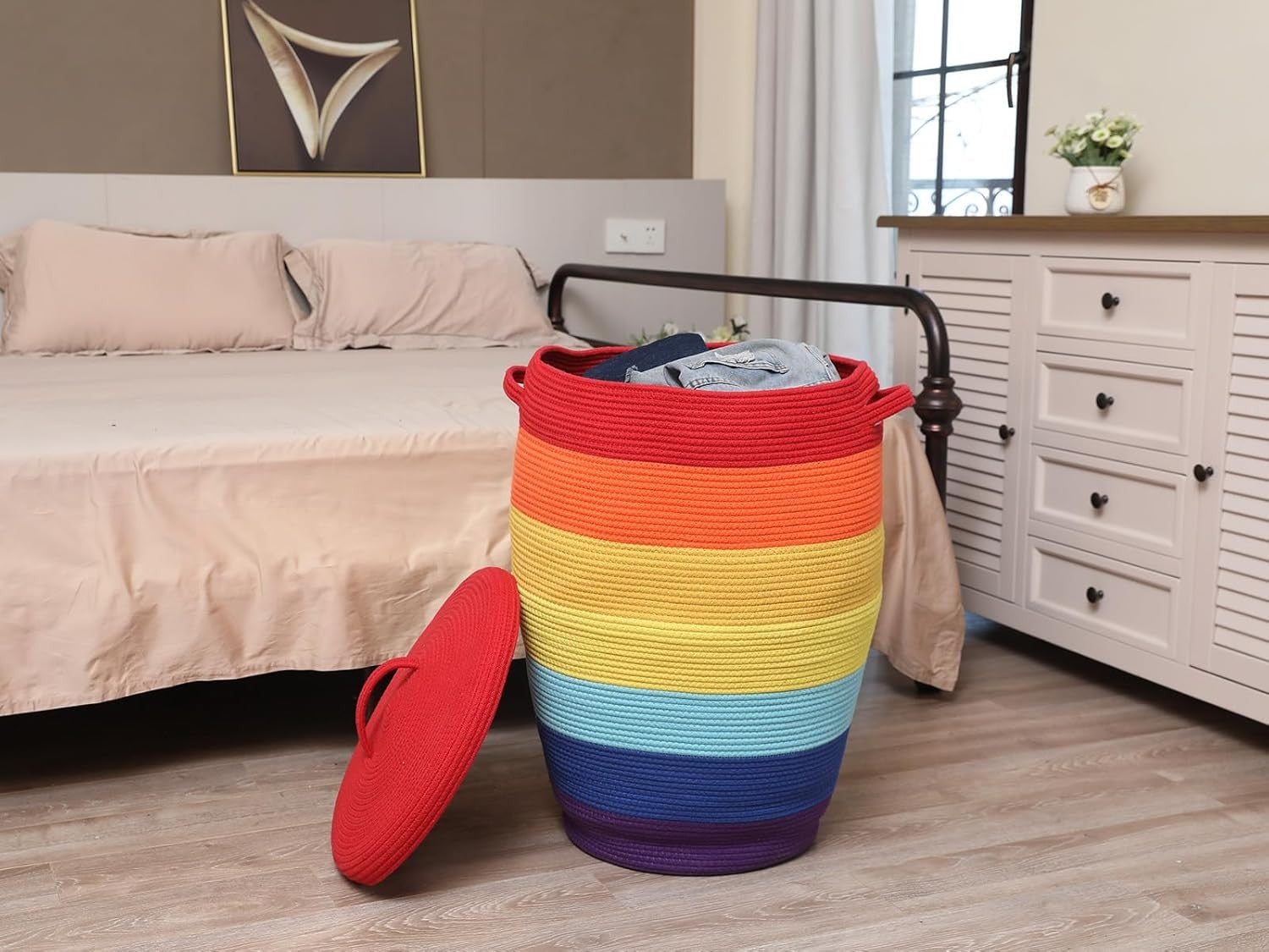 XL 26" Rainbow Cotton Rope Laundry Basket with Lid Large Woven Storage Hamper