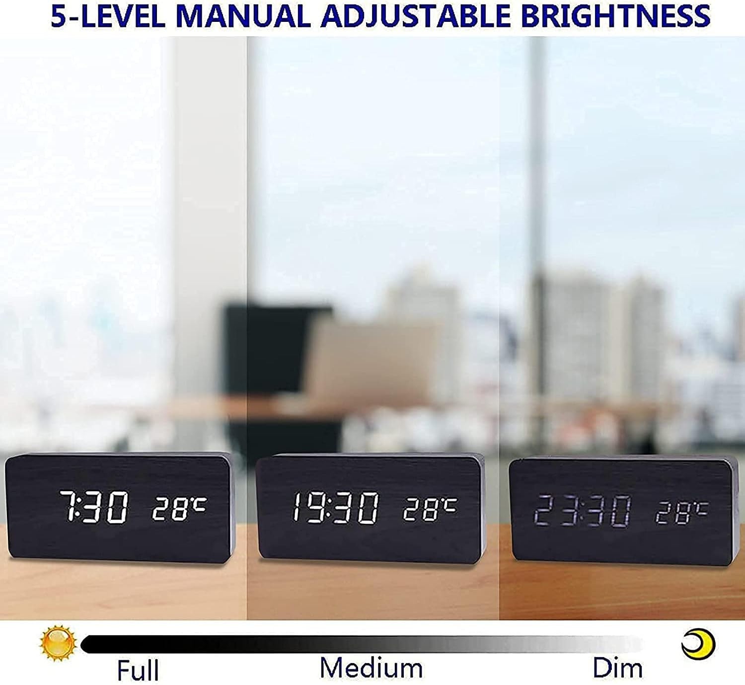 Wooden LED Digital Alarm Clock Silent Bedside Temperature Display