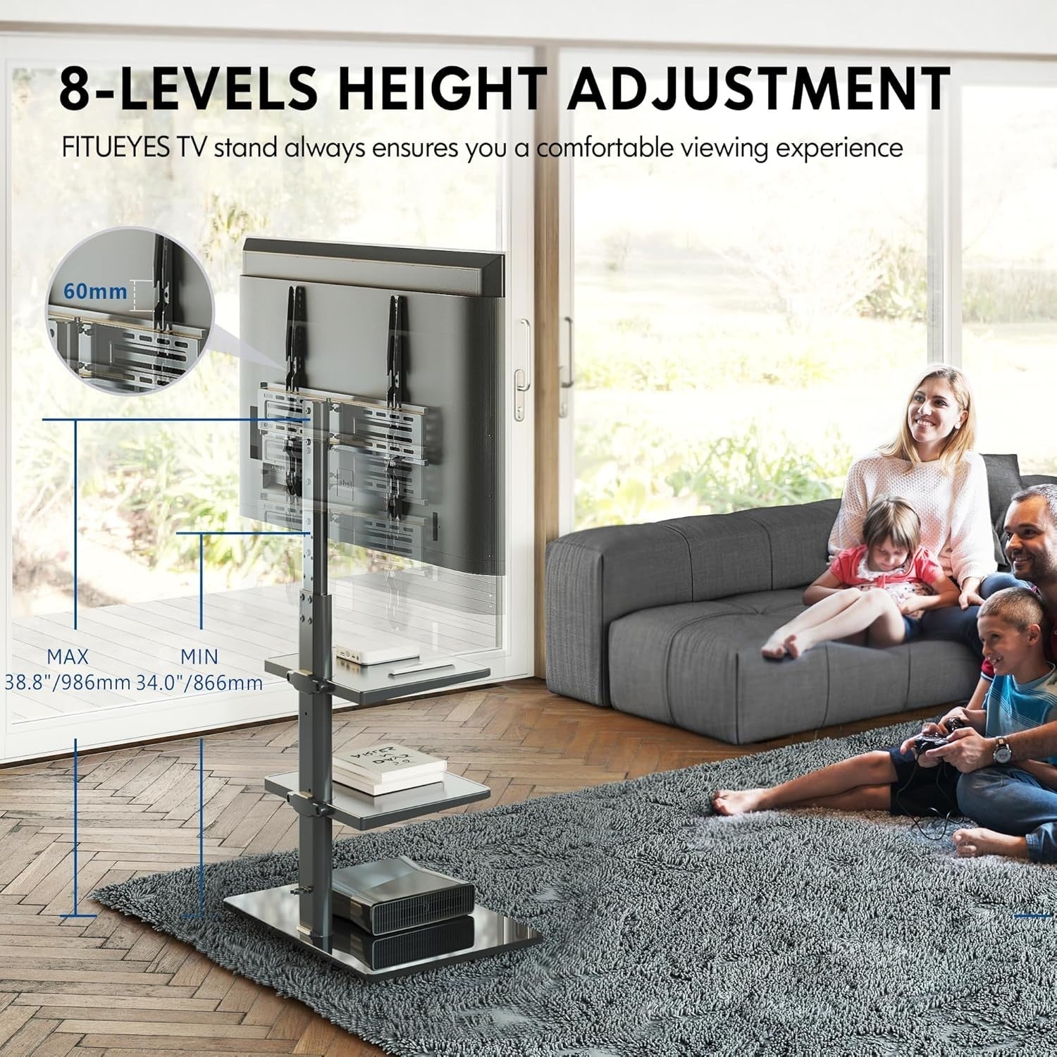 Tall TV Stand 32-60" Floor Mount Swivel Bracket Shelves VESA 30kg