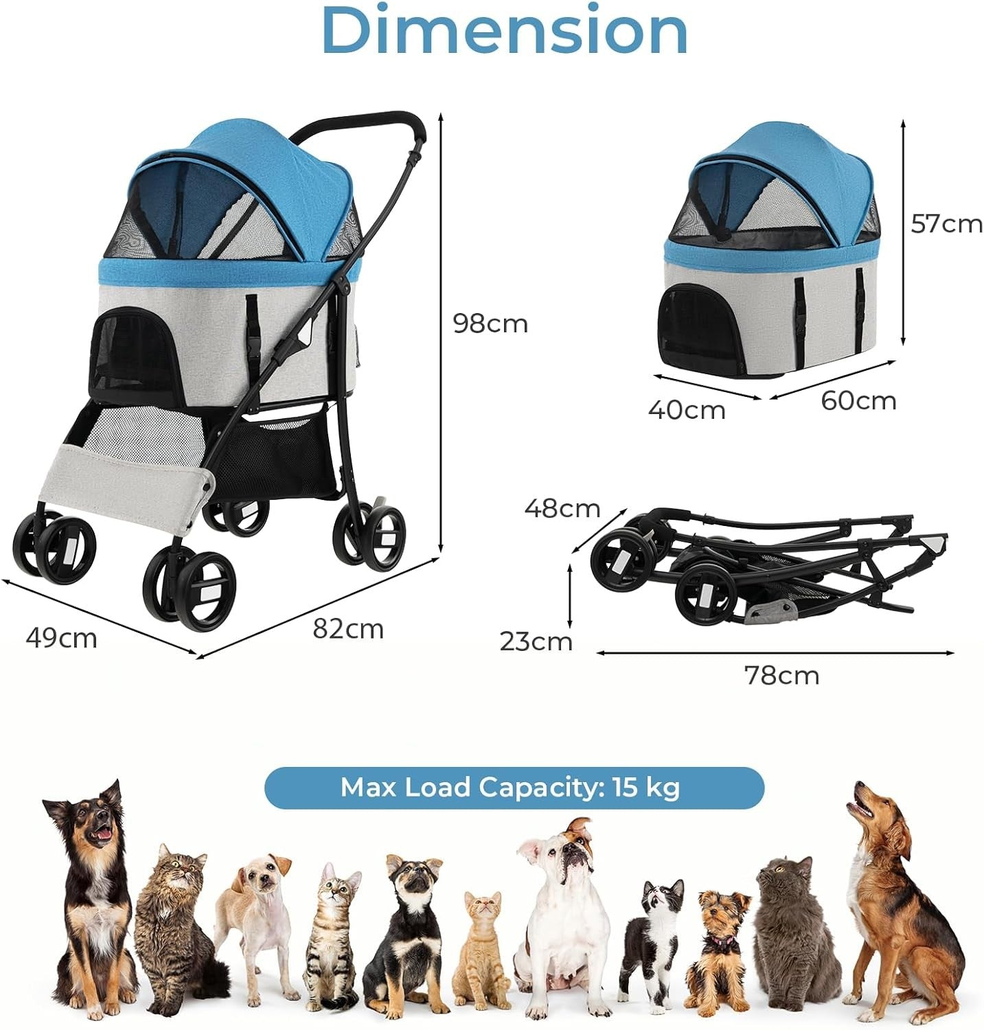 Pet Stroller for Dogs & Cats up to 15kg Foldable 4 Wheel Travel Pushchair