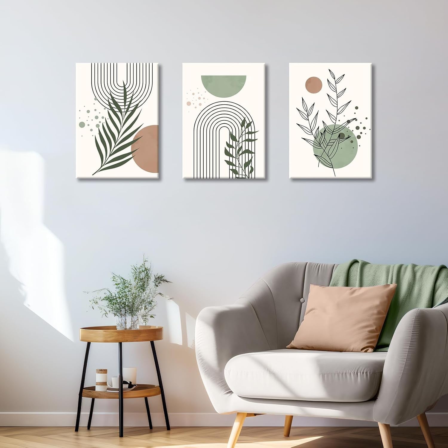 3Pcs Boho Green Botanical Canvas Wall Art 40x60cm Modern Framed Decor