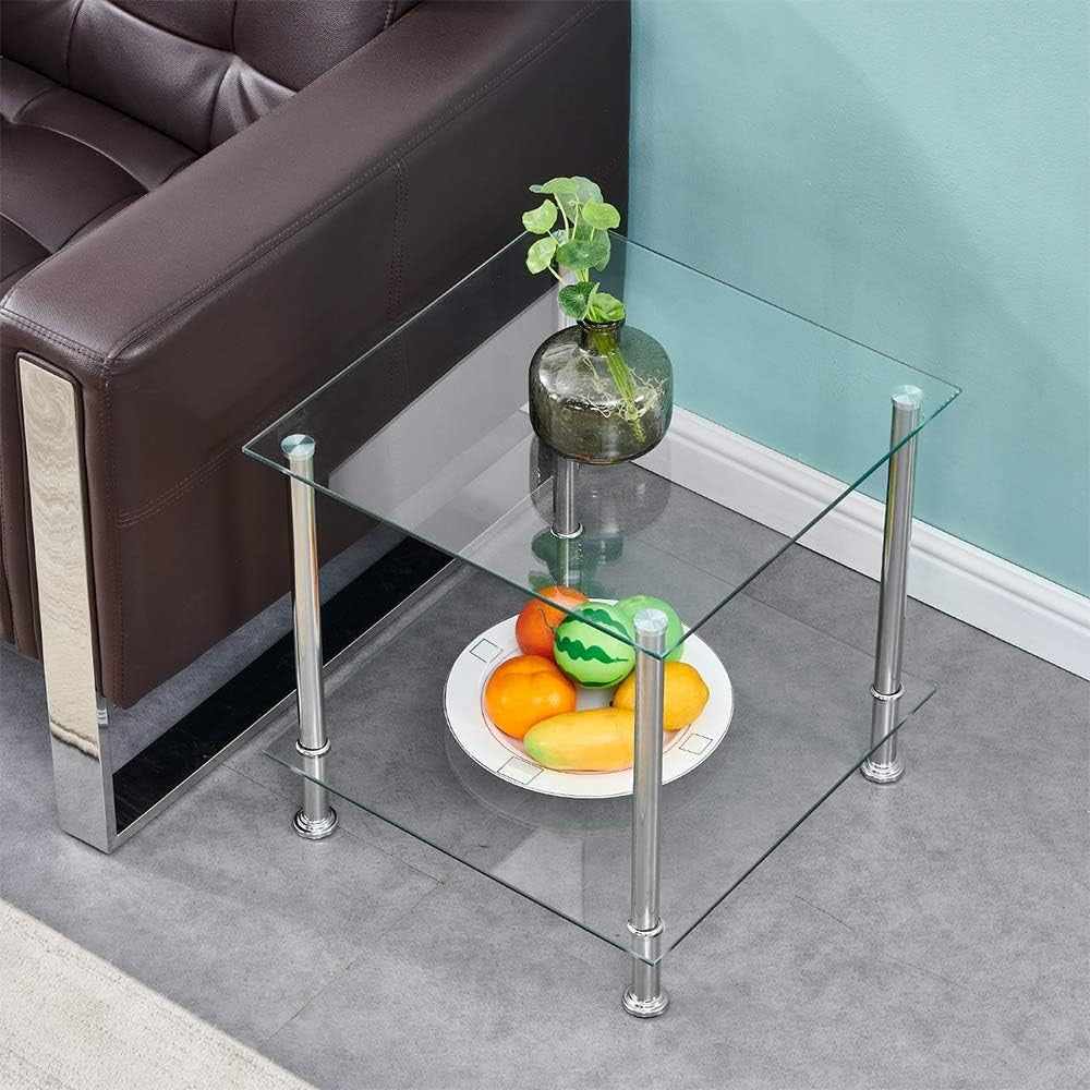 Clear Glass Side Table with Chrome Legs – Modern 2-Tier Small Coffee Table