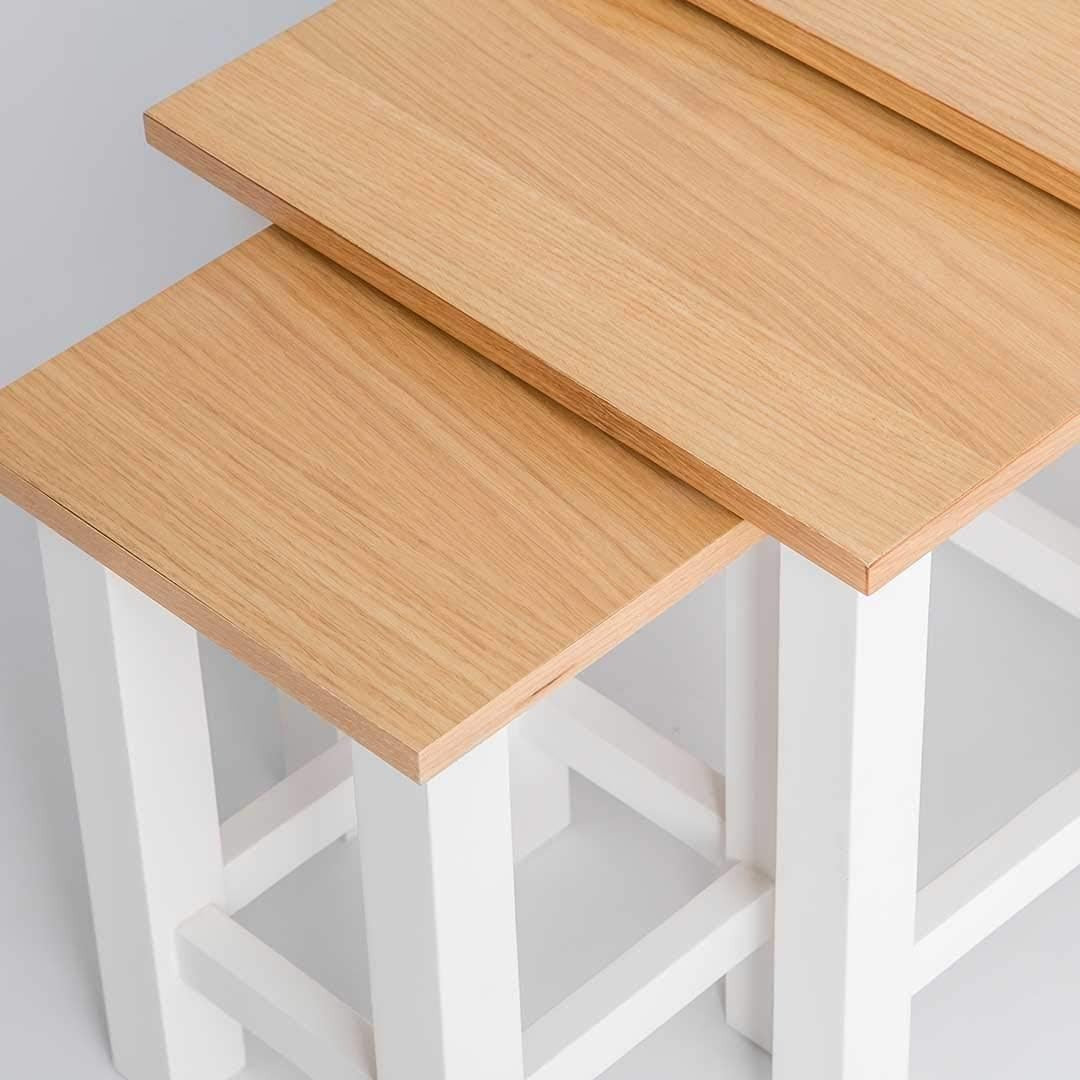 White Wood Nesting Coffee Tables Set of 3 Oak Top Contemporary Already Assembled
