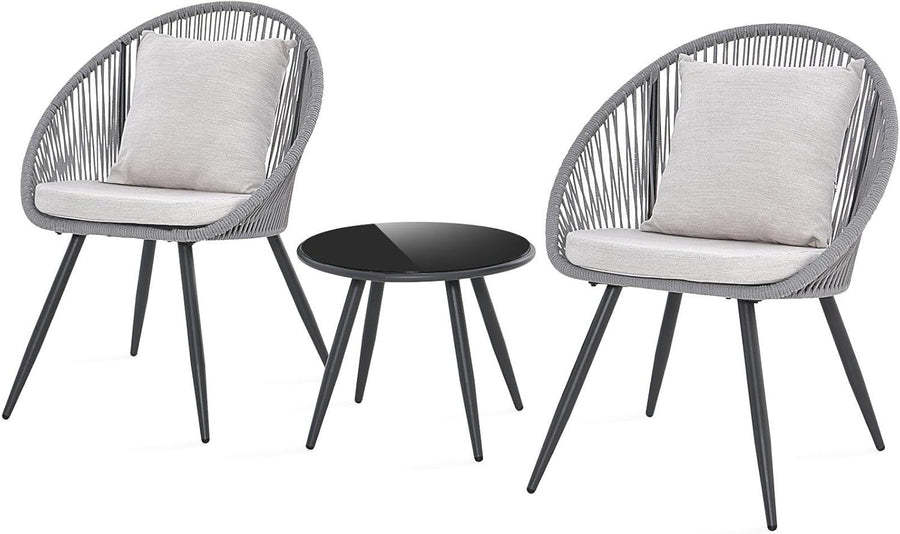 Modern Rattan Bistro Chair Set Tempered Glass Table Cushioned Garden Patio