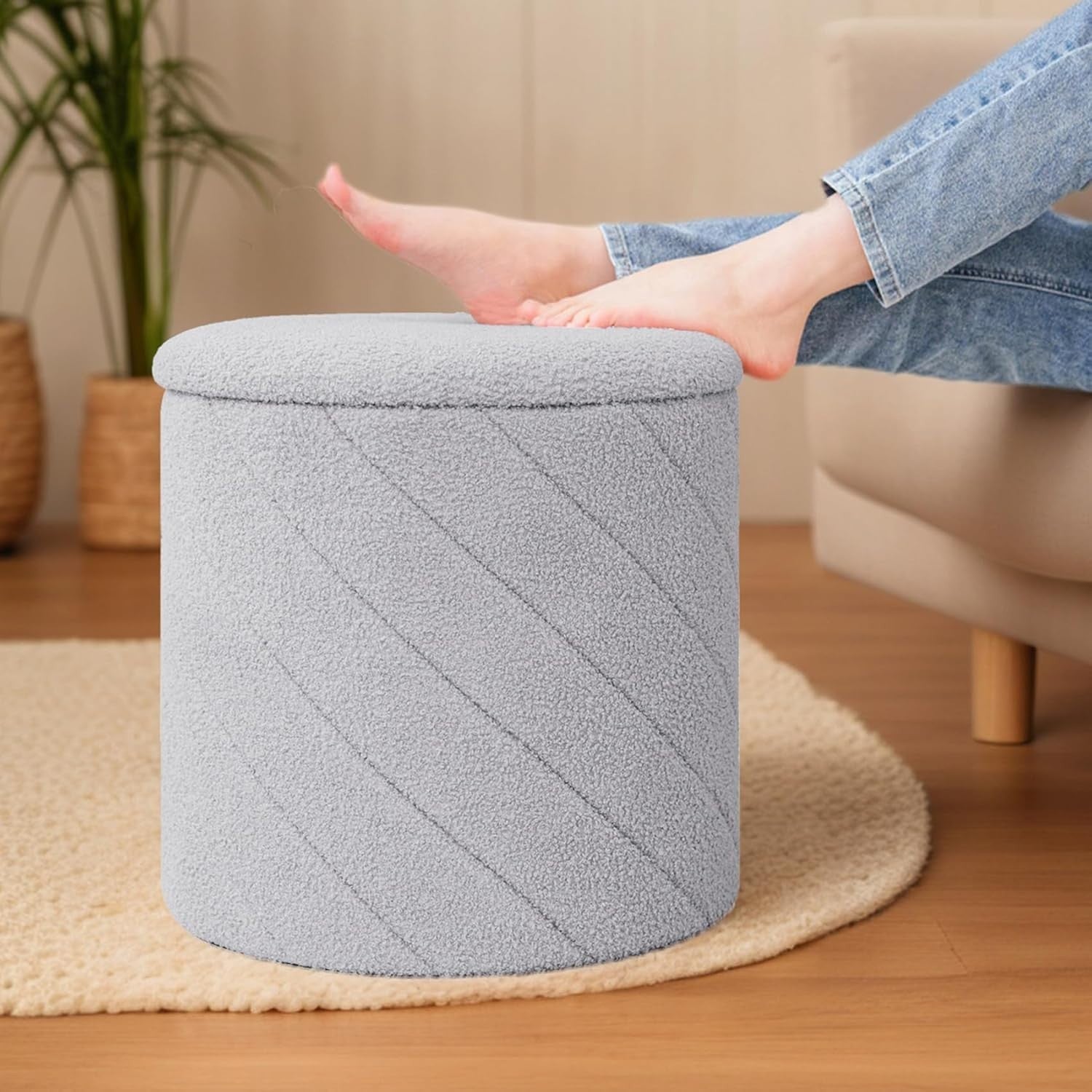 Grey Boucle Round Storage Ottoman Stool Footrest Vanity Seat