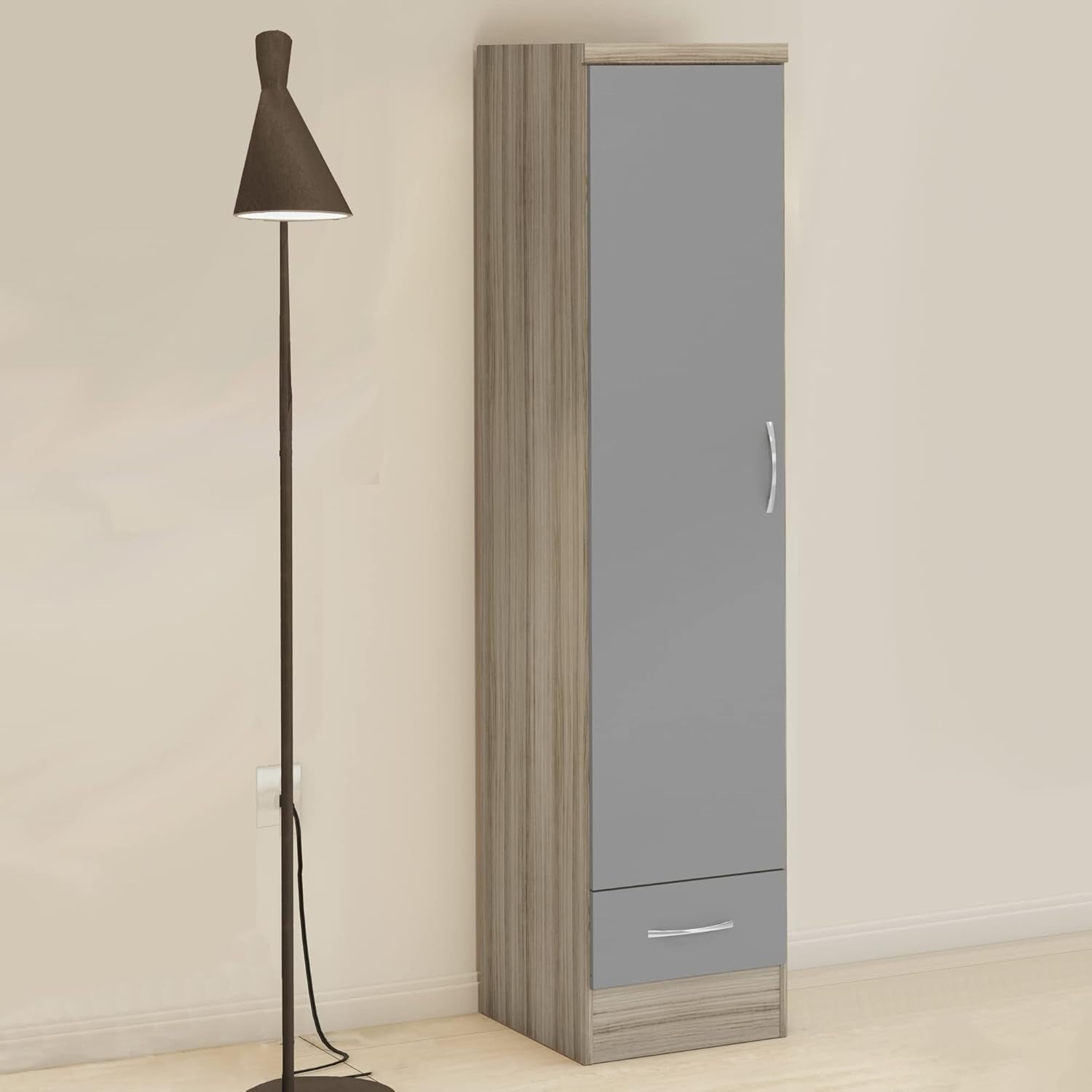 Slim 1 Door Wardrobe with Drawer – Grey Gloss Oak Effect Storage Unit
