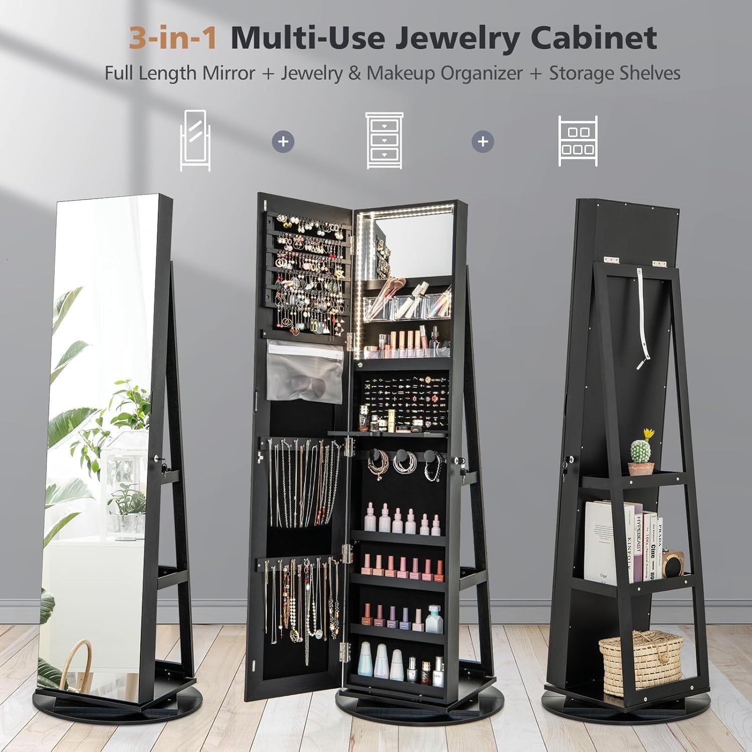 Black 360° Swivel LED Jewelry Cabinet Mirror Lockable 3-Color Storage