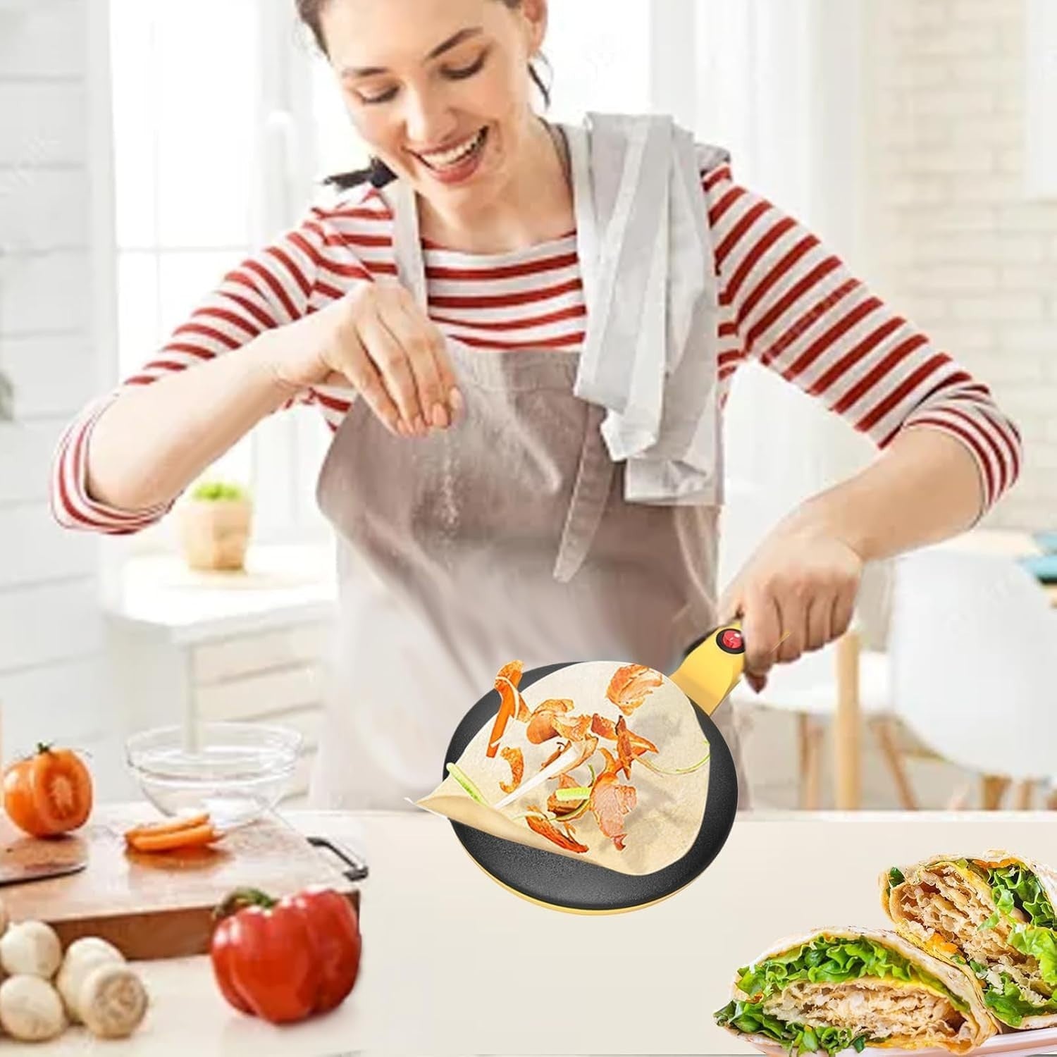 8" Electric Crepe Maker Non Stick Pancake Maker with Handle & Tray Yellow