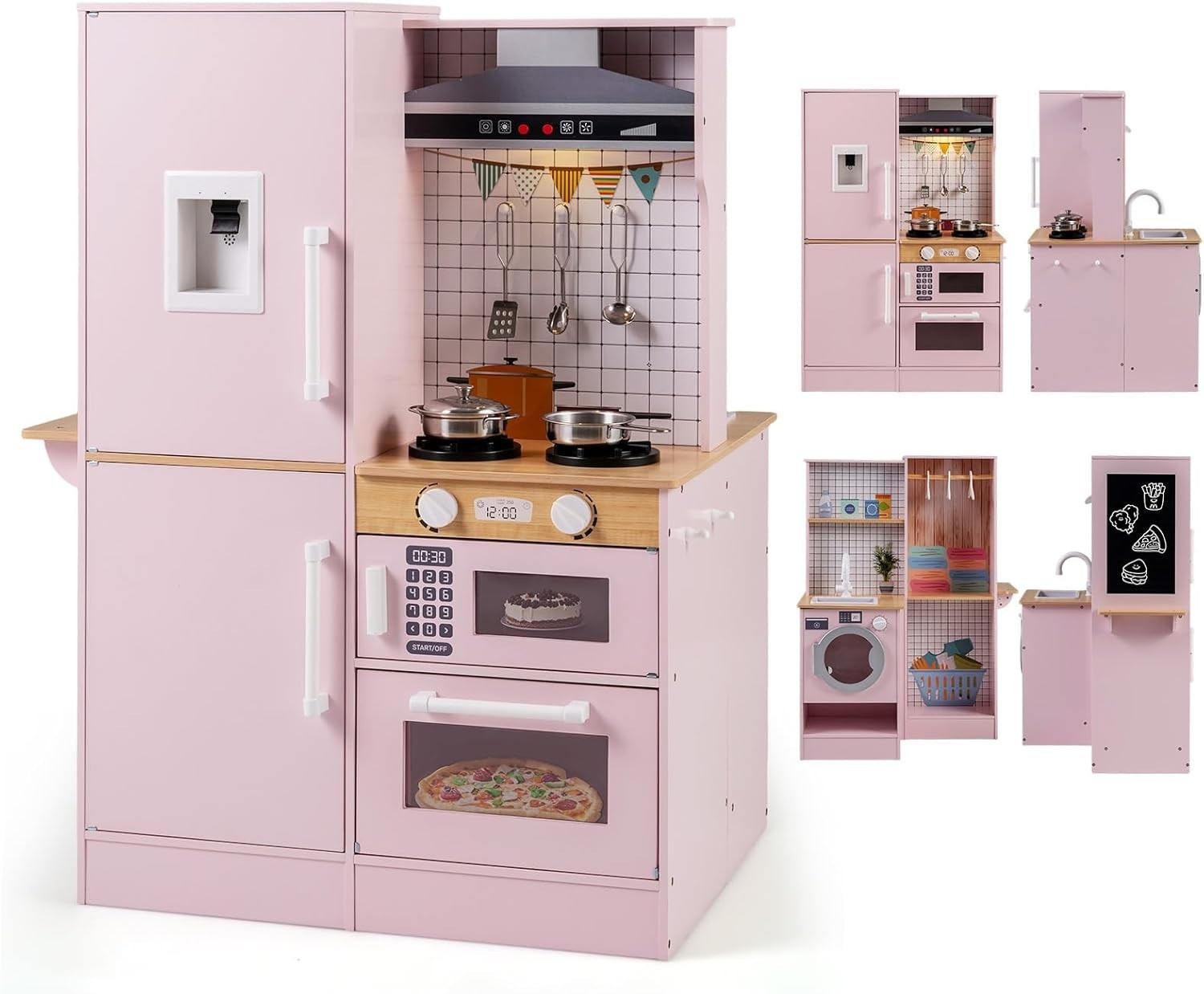 Kids Wooden Play Kitchen Laundry Set Lights Sounds Pink Toy Kitchen