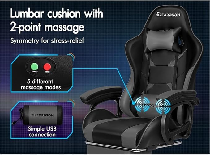 ELFORDSON Gaming Chair w/ 2-Point Massage Lumbar