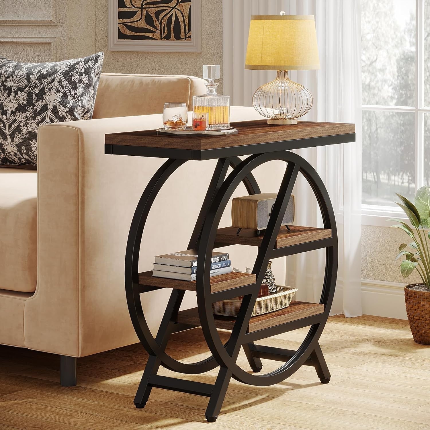 3-Tier Rustic Brown Side Table with Storage, Industrial Sofa & Nightstand