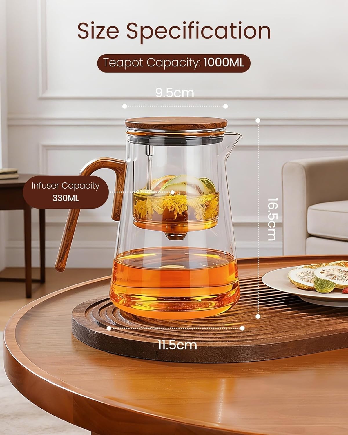 Magnetic Glass Teapot 1000ml Tea Pot w Infuser Walnut Handle Lid