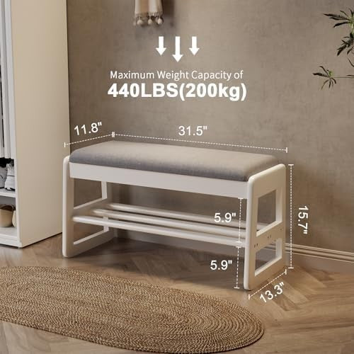 Small Flip-Top Shoe Bench with Linen Cushion | 2-Tier White Shoe Rack Entryway