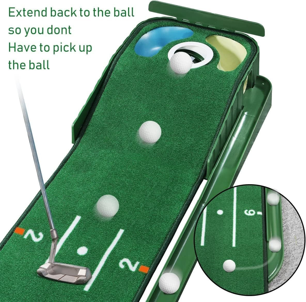 Indoor Golf Putting Mat Trainer with Ball Return & 3 Holes Practice Green