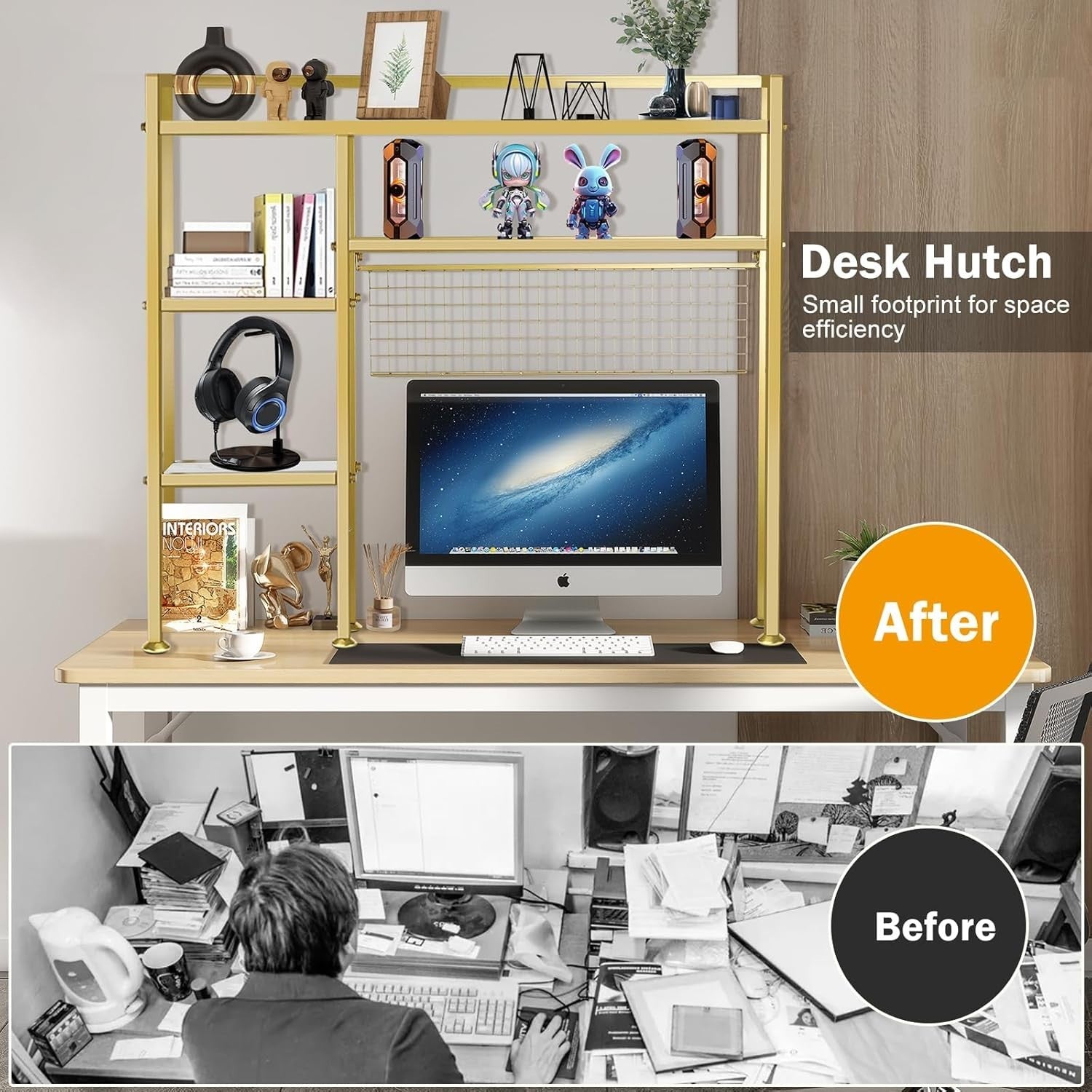 37.5" Gold Metal Desk Hutch Shelf | 4-Tier Desktop Organizer Rack for Monitor