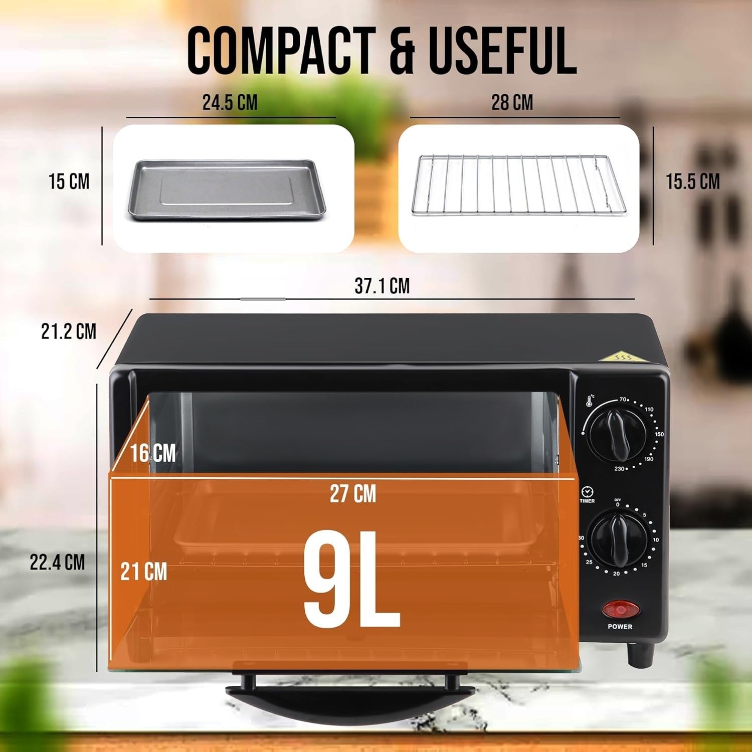 Compact 9L Toaster Oven 650W Adjustable Temp 100-250°C Baking & Toasting
