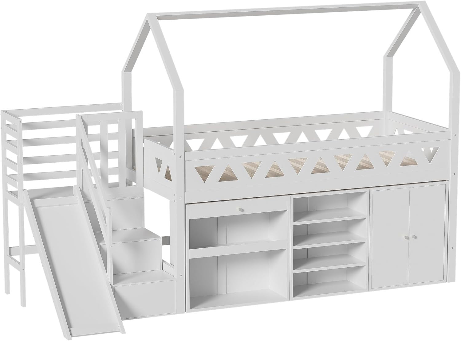 Kids Wooden Bed Frame 3ft Single 90x190cm w/ Slide Stairs Storage Drawers White