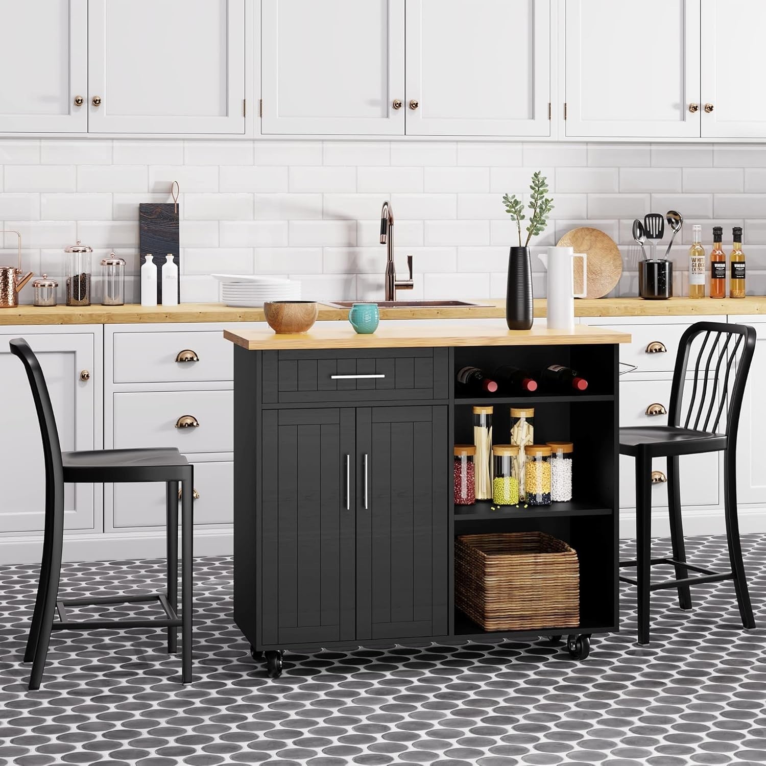 Rolling Kitchen Island Cart with Large Storage Cabinet & Towel Rack, Black