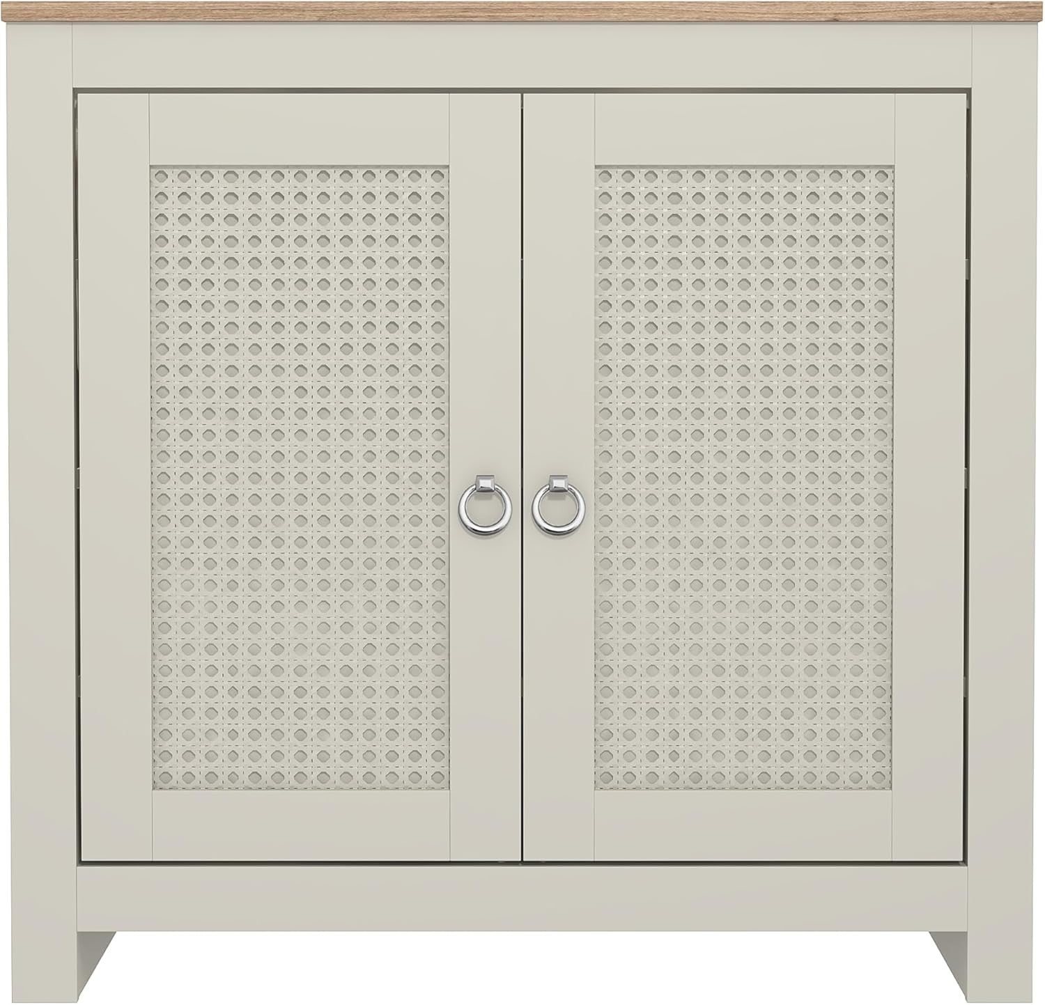 12 Pair Rattan Shoe Cabinet – 2 Door Modern Shoe Rack with Shelves – Oak