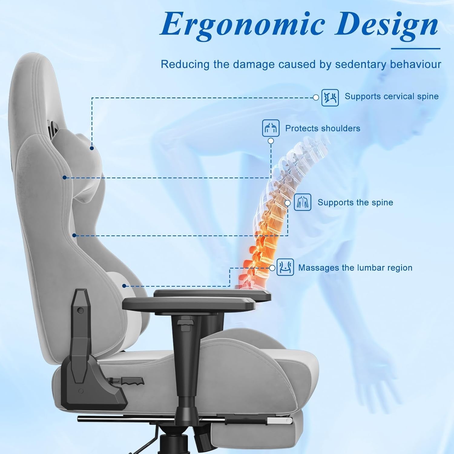 Fabric Gaming Chair Reclining Footrest Massage Lumbar Grey