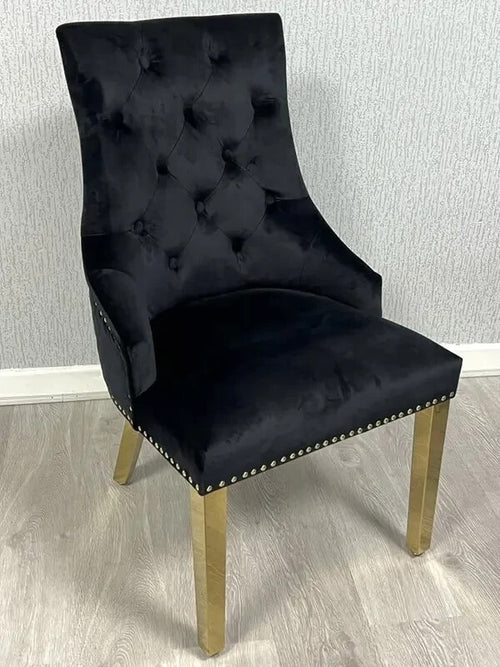 2 Black Velvet Dining Chairs Gold Legs Ring Back Tufted Studded Luxury