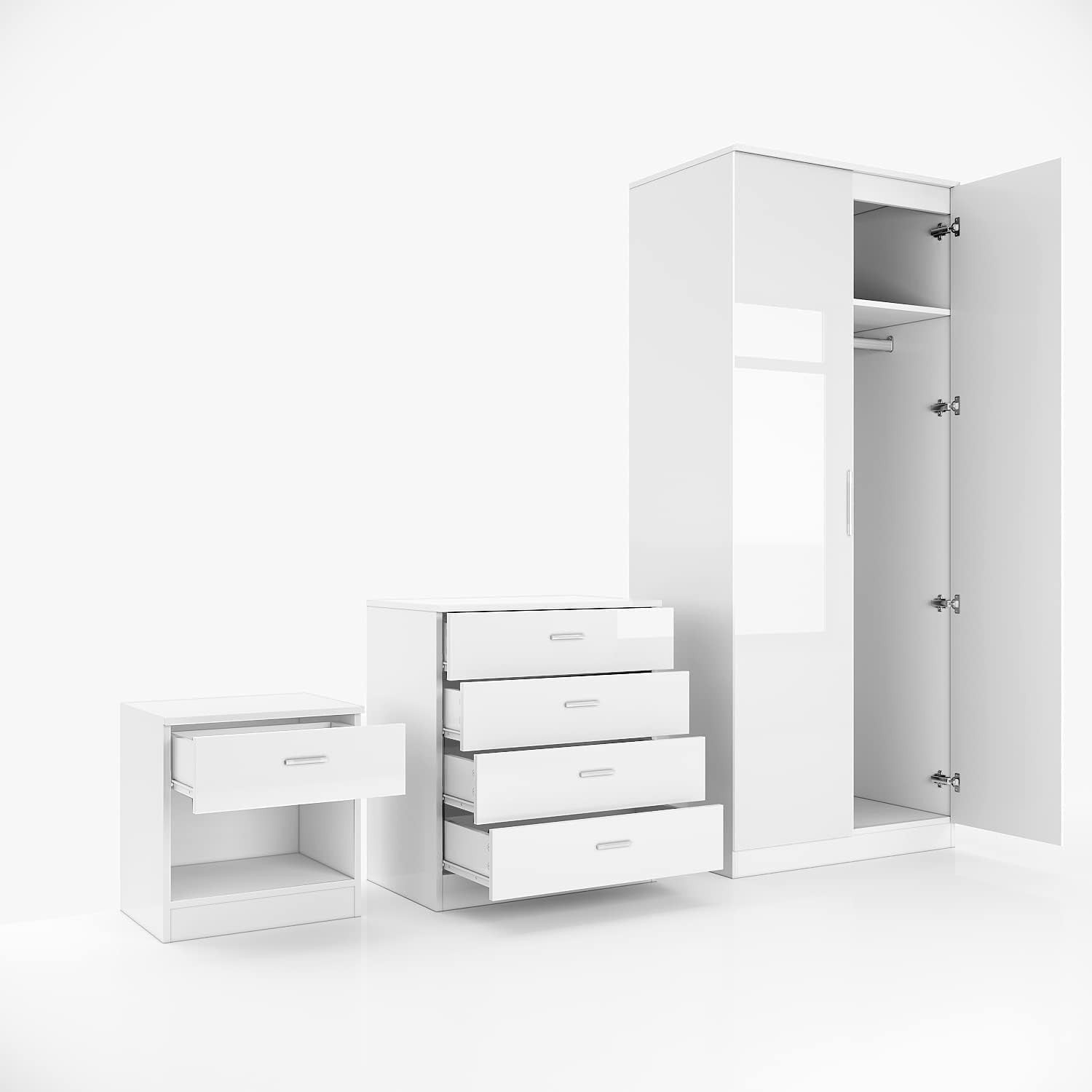 High Gloss 2 Door Wardrobe with Hanging Rail & Storage Shelves - Bedroom