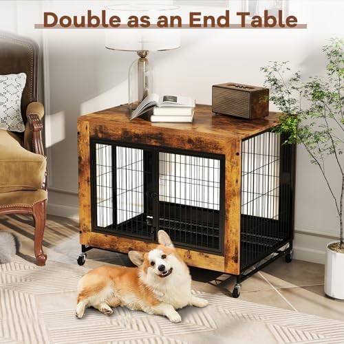 Indoor Wooden Dog Crate on Wheels with Pull-Out Tray & 3 Doors, Small/Medium