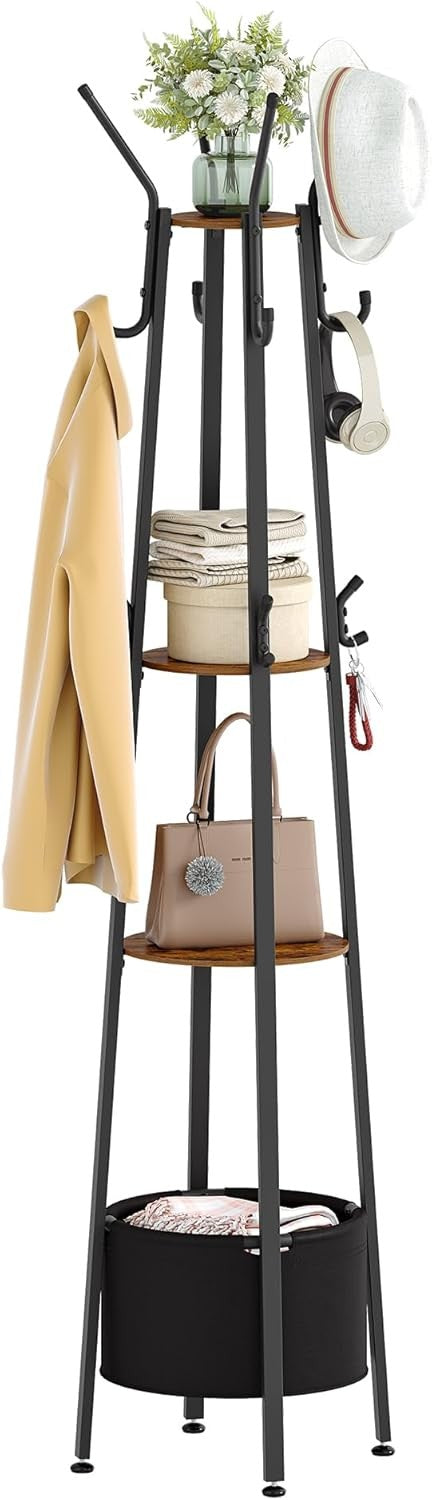 Rustic Brown Metal Coat Rack with 16 Hooks & Storage Shelves for Hallway