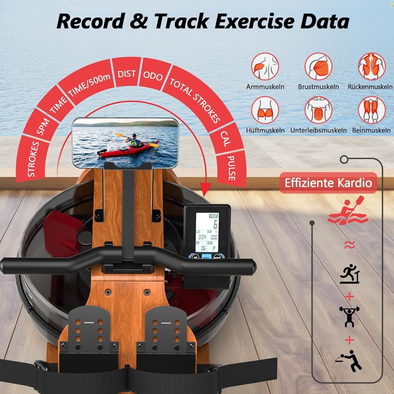 Foldable Wooden Water Rowing Machine Bluetooth LCD Quiet Dual Rail Home Gym