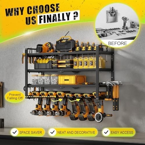 4-Tier Wall Mounted Power Tool Organizer 8 Slots Alloy Steel