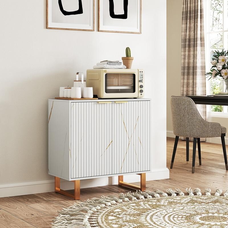 White Fluted Sideboard Cabinet with Gold Legs – Marble Effect Storage Unit