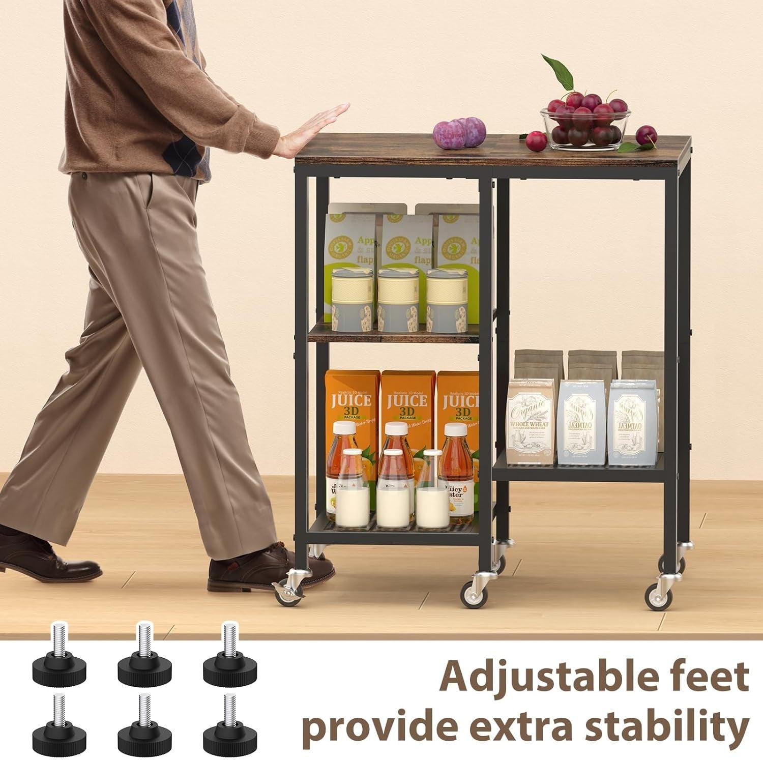 4 Tier Kitchen Storage Rack on Wheels Coffee Bar Baker’s Trolley Rustic