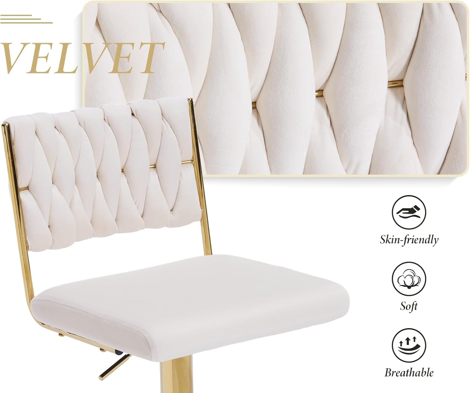 Adjustable Velvet Bar Stools Set of 2 Beige Swivel Counter Chairs