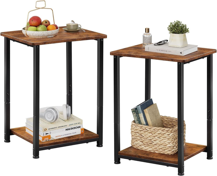 Set of 2 Rustic Brown 2-Tier Side Tables with Adjustable Feet, Sturdy Storage