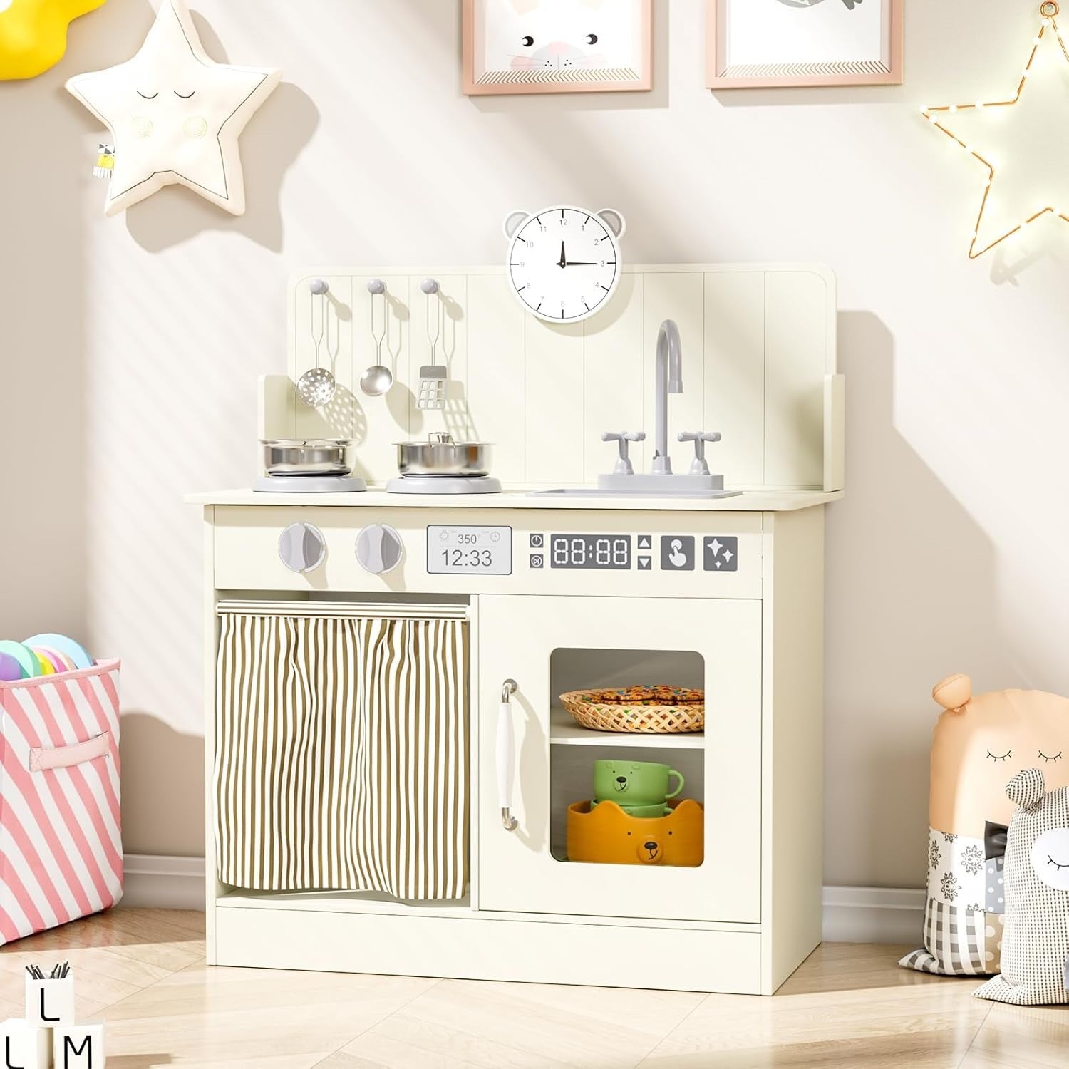 Wooden Kids Play Kitchen Cream Cooker Sink Toy Set w Storage & Clock