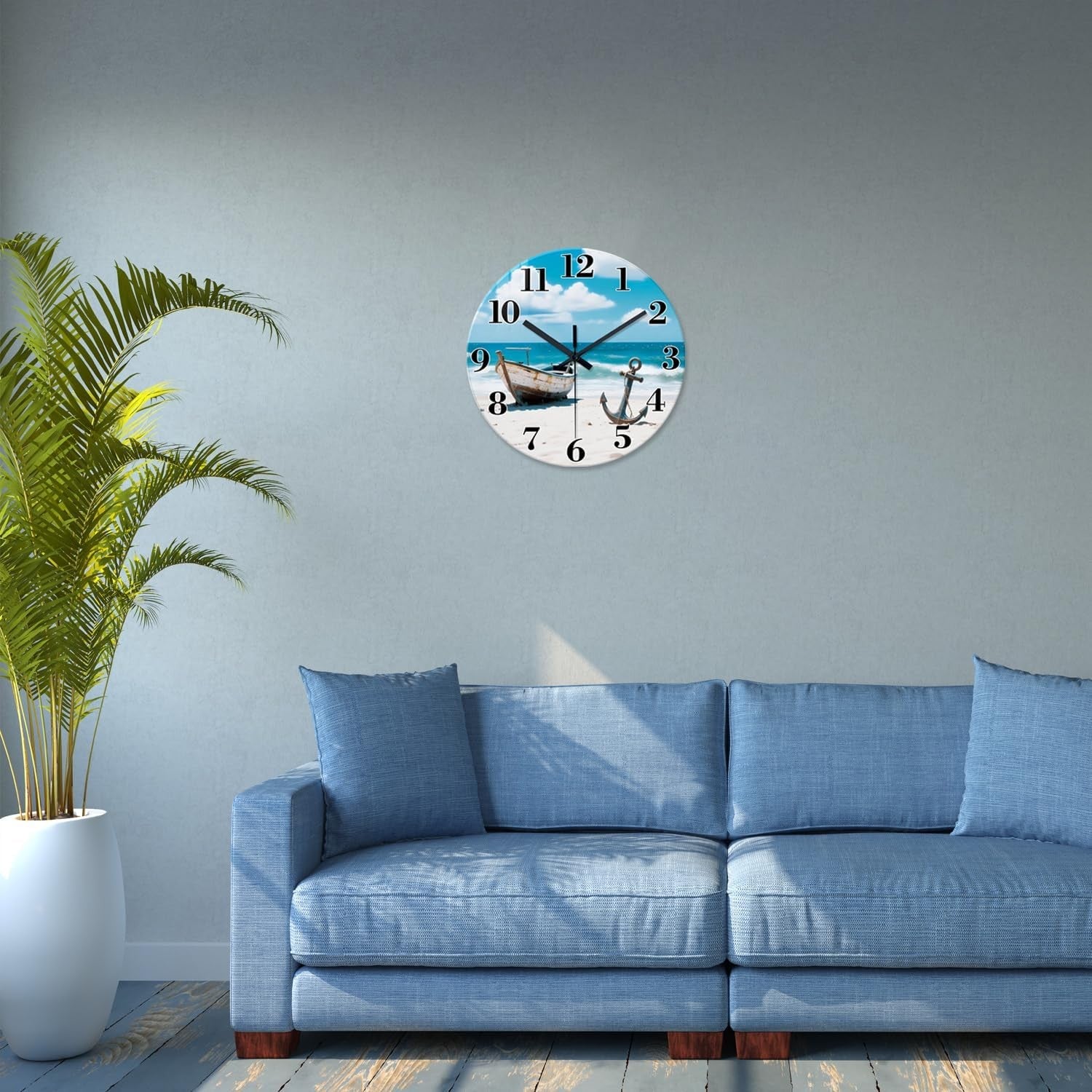 16" Coastal Ocean Wall Clock Silent Non-Ticking Blue Beach Boat Decor