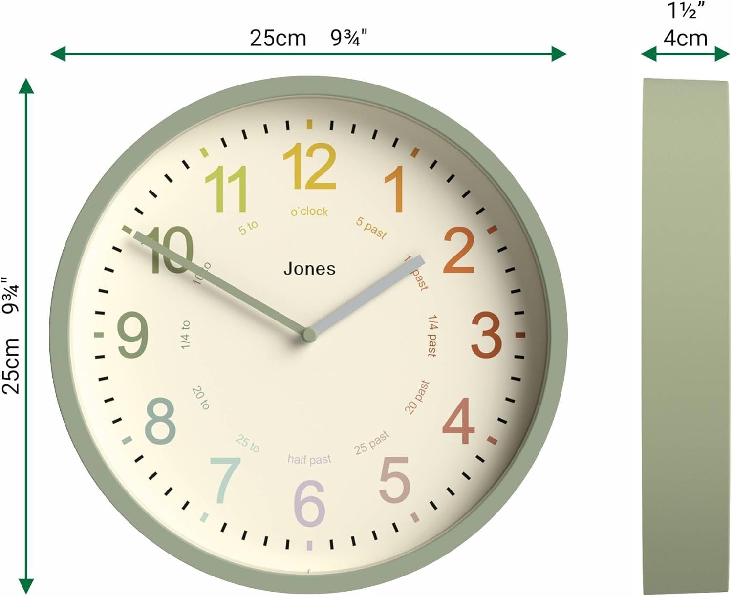 25cm Kids Wall Clock – Silent Non-Ticking Sage Green Colourful Numbers Learn Tim
