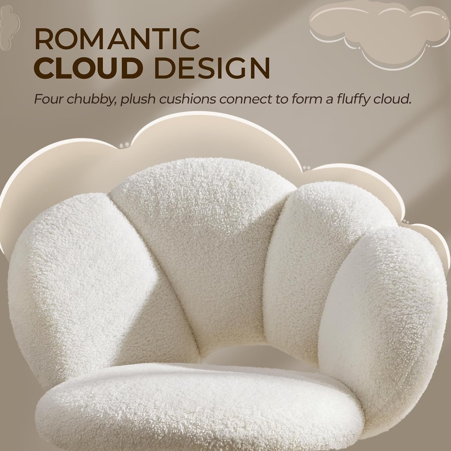 White Boucle Cloud Vanity Chair Swivel Adjustable Desk Chair with Wheels