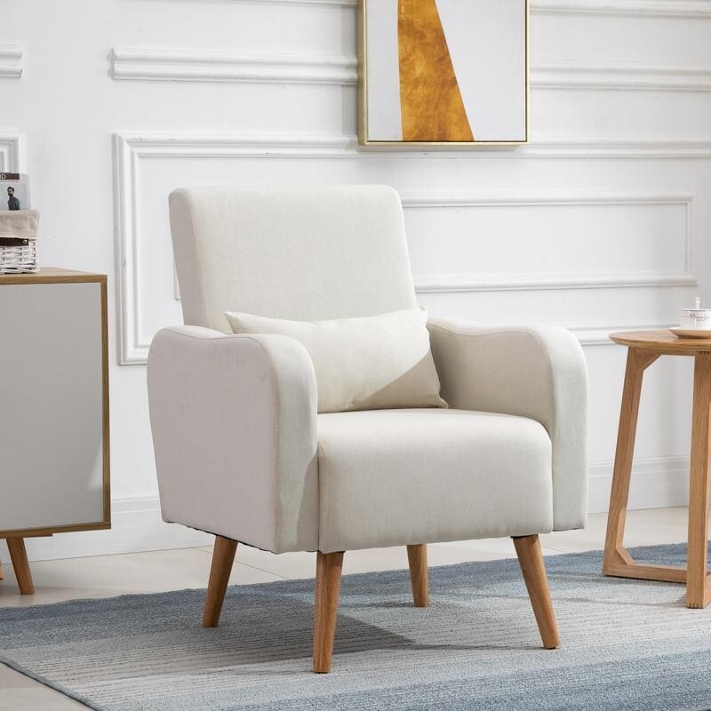 Cream Linen Accent Armchair Wooden Legs Lounge Chair Padded Seat Home Sofa