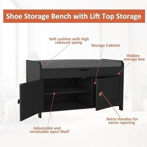 Black Shoe Storage Bench with Cushion Seat 2-Door Cabinet Entryway 76x39x46cm