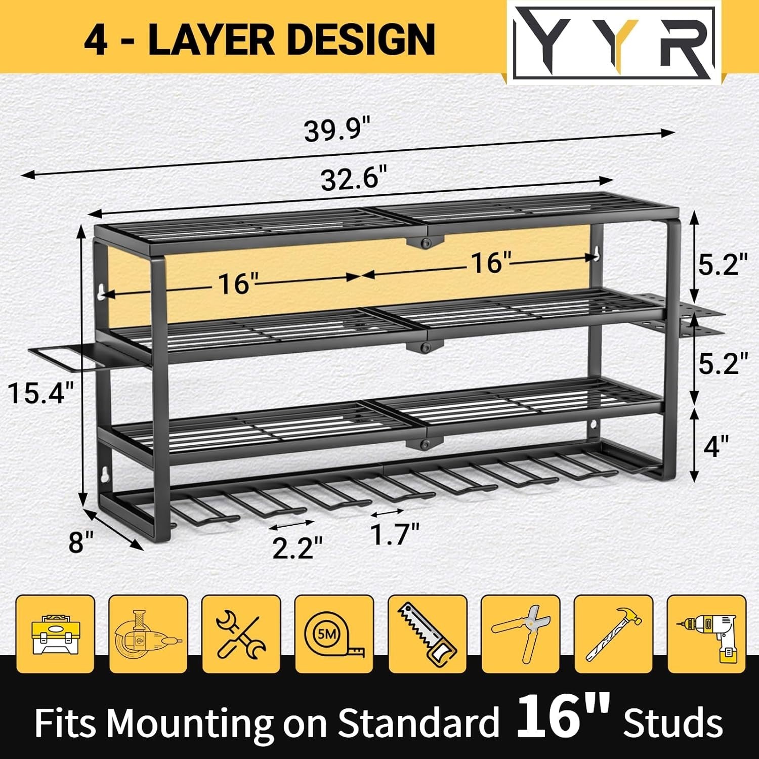 Heavy-Duty 4-Layer Black Tool Rack 82.6W x 21D x 39H cm – Garage