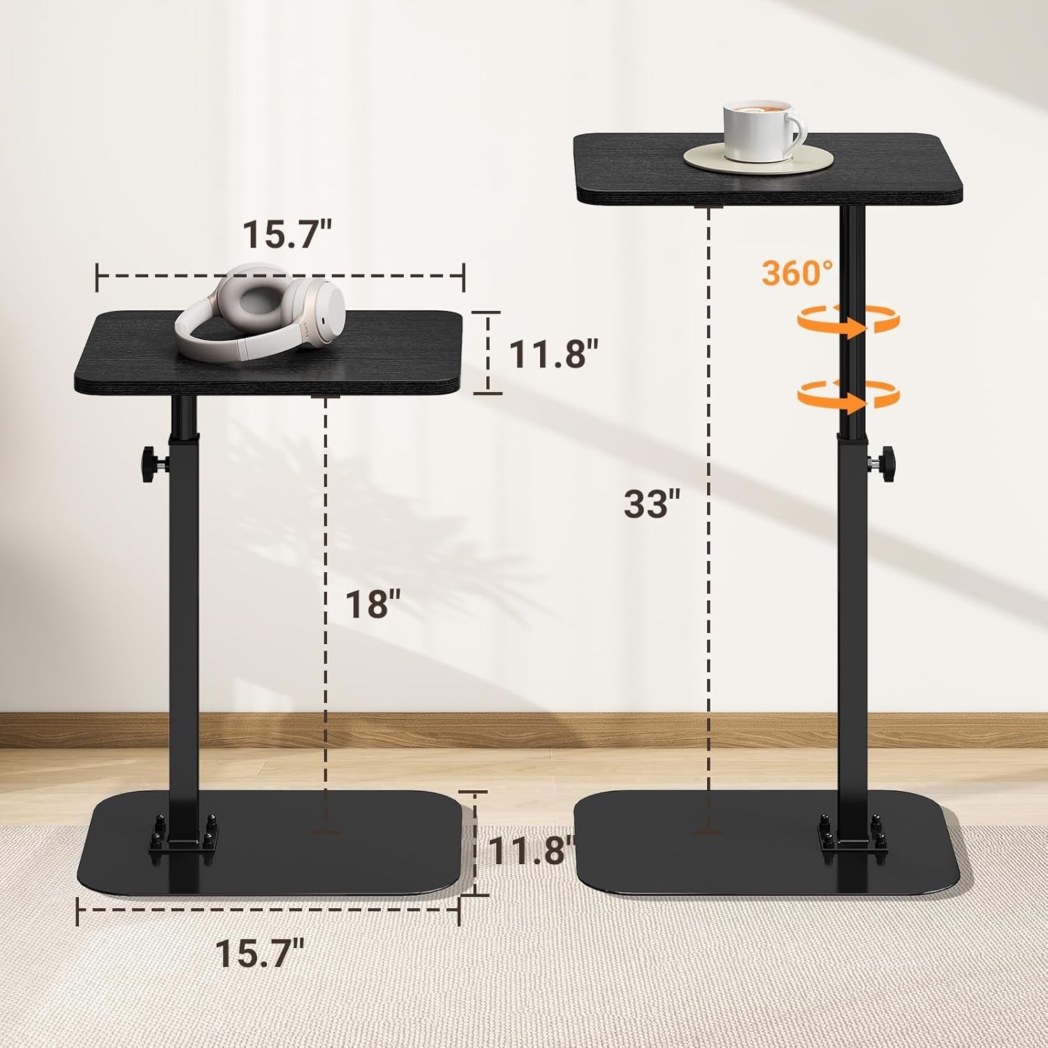 Height Adjustable C Shaped Side Table 360° Swivel Sofa Laptop Desk Black
