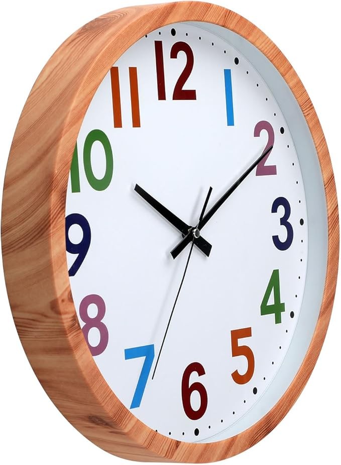 Large Colour Number Wall Clock Wood Grain Silent Non-Ticking Modern Home Decor