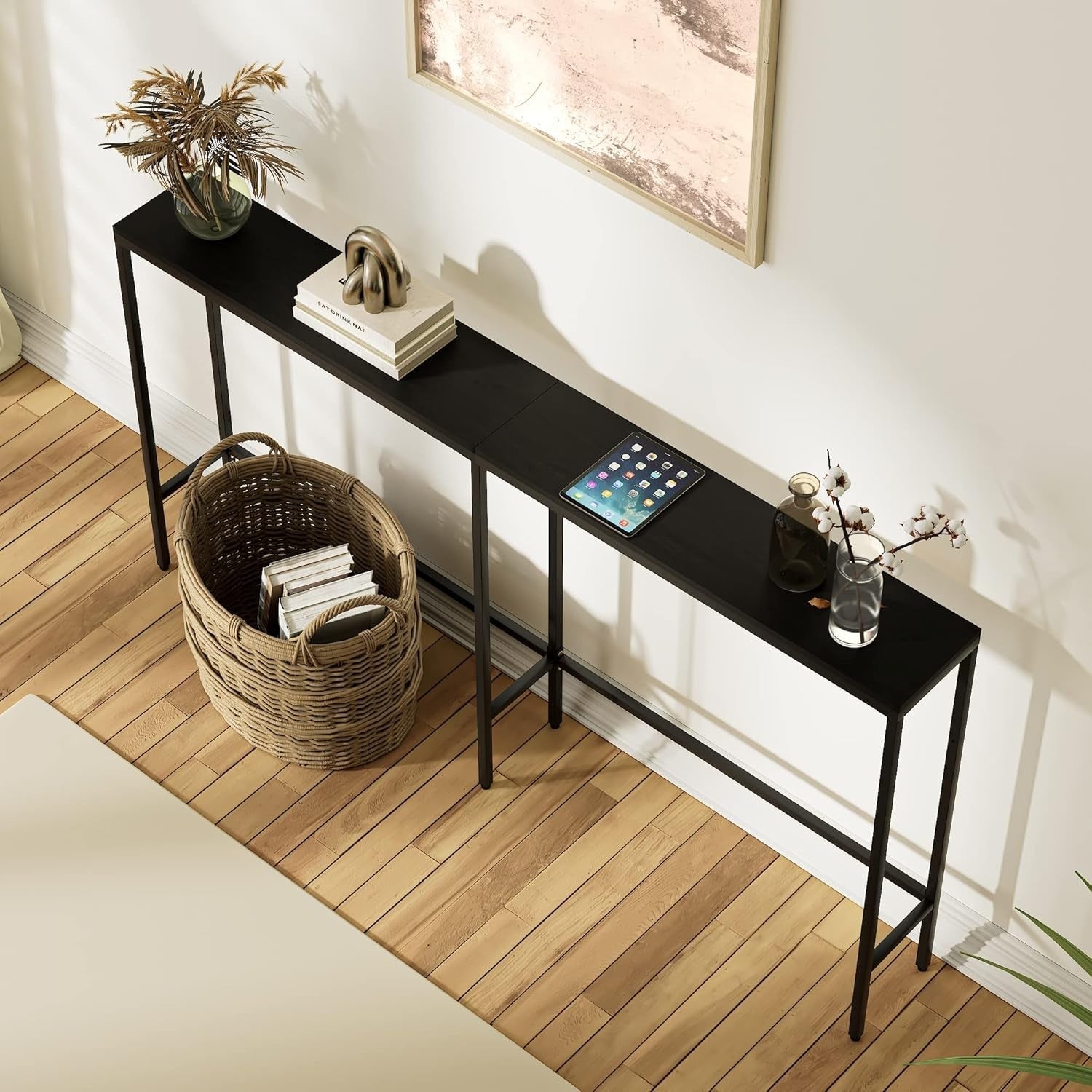 Slim Console Table Black Metal Frame Narrow Hallway Shelf 160cm Modern
