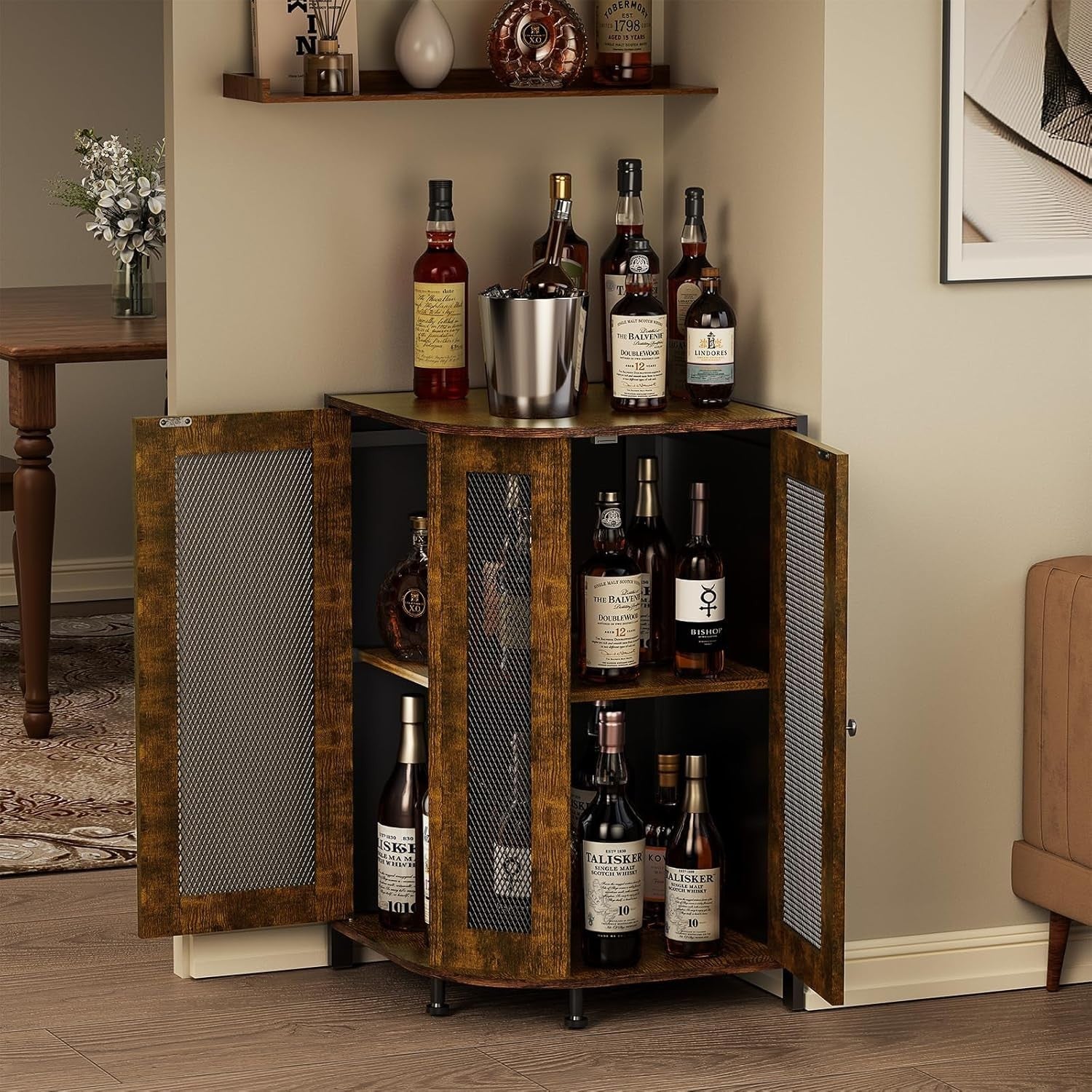 Industrial Corner Wine Cabinet with Storage Shelves, 3-Tier Bar Unit, Rustic
