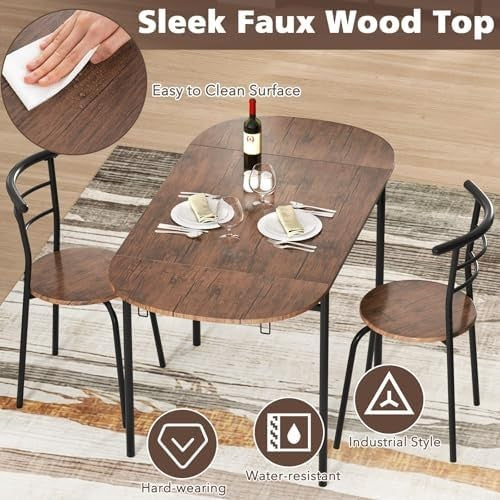 3-Piece Folding Dining Set Drop Leaf Table and Chairs Rustic Brown Black