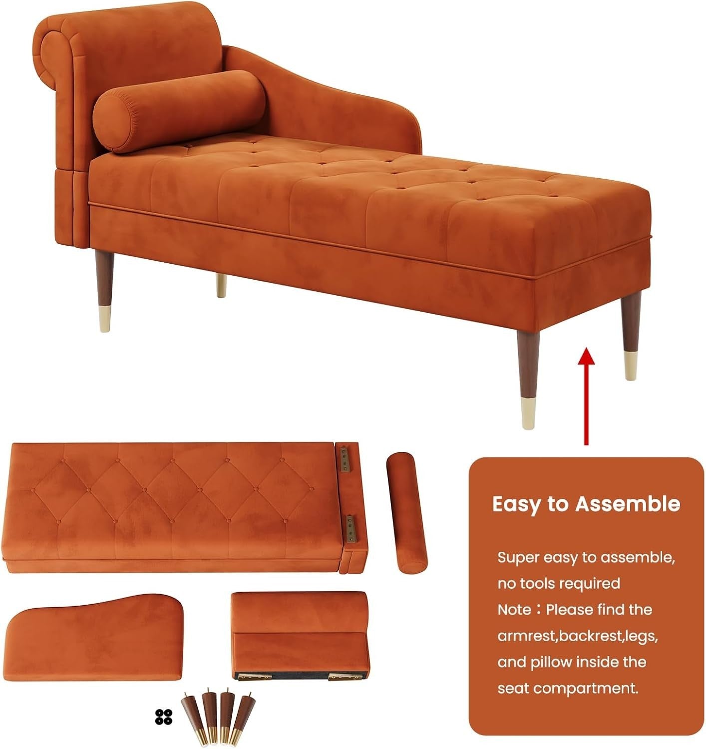 Orange Velvet Chaise Lounge Sofa Left Armrest + Pillow Compact & Stylish